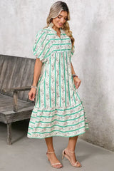 Multicolor Boho Floral Striped Tie V Neck Long Dress - Femstylo