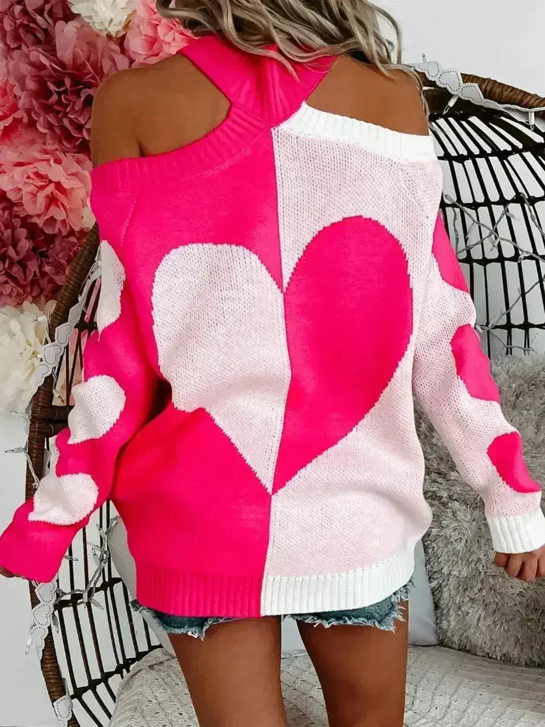 Valentine's Day Heart Turtleneck Cold Shoulder Sweater - Femstylo