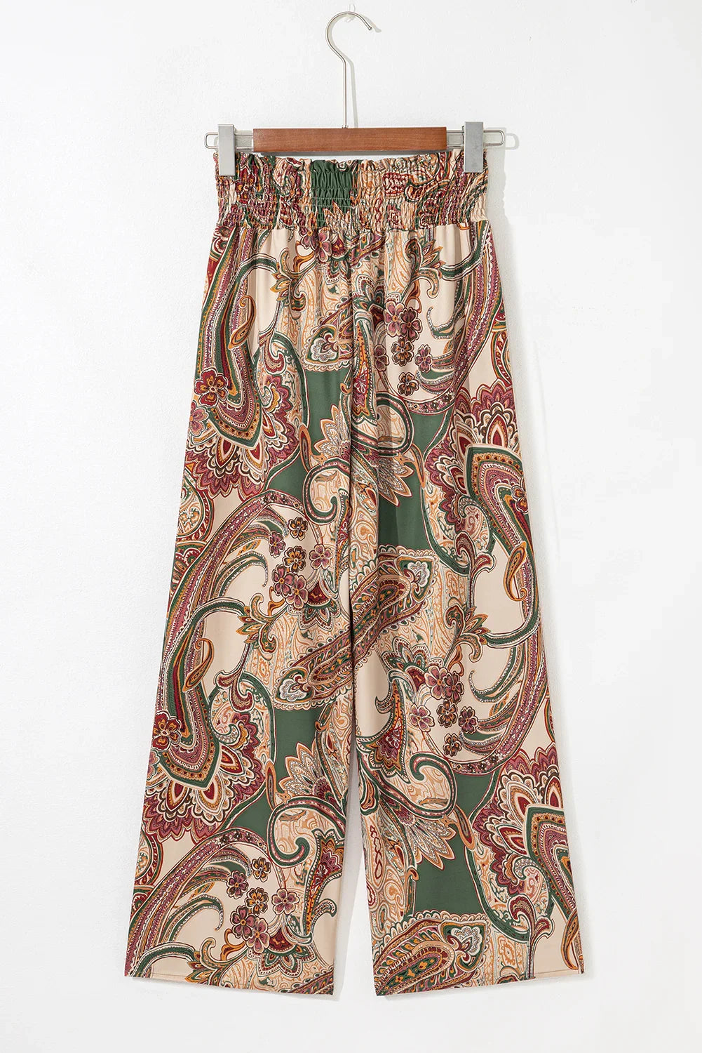 Khaki Paisley Print Boho Elastic Waist Wide Leg Pants
