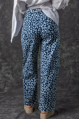 Blue Leopard Print Drawstring Waist Pocketed Wide Leg Jeans - Femstylo