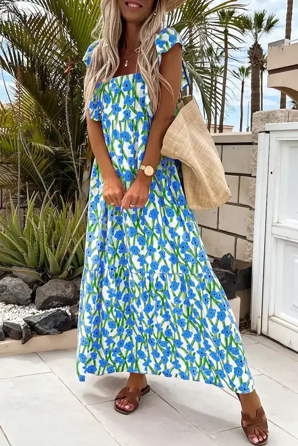 Pink Floral Print Square Neck Ruffled Strap Maxi Dress - Femstylo