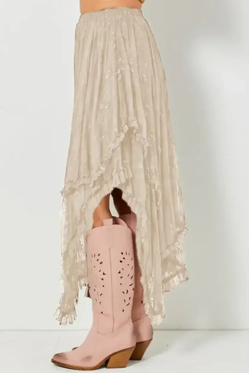 Beige Lace Cascading Tiered High Waist Maxi Skirt - Femstylo
