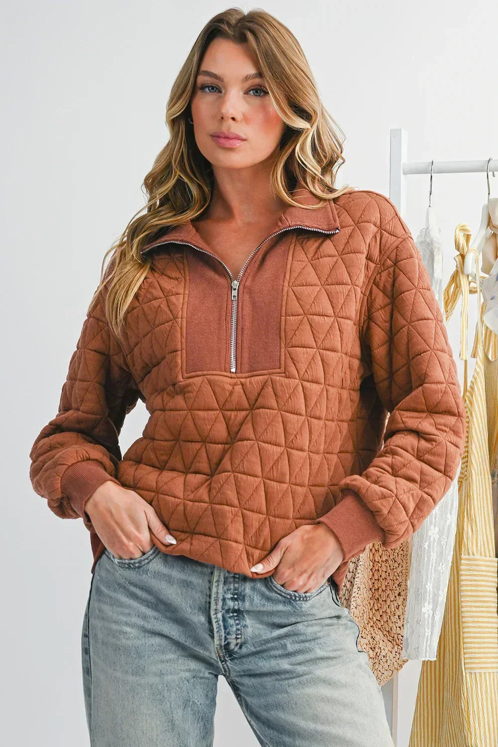 Brown Textured Zipper Neck Long Sleeve Pullover Sweatshirt - Femstylo