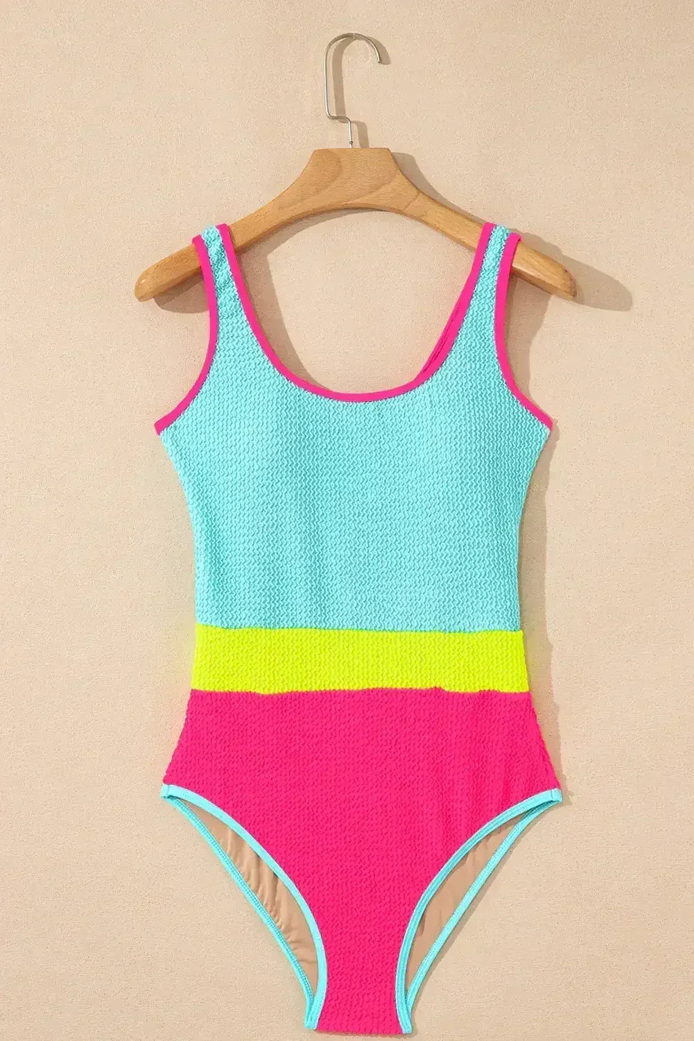 Rose Red Textured Colorblock One Piece Swimsuit - Femstylo