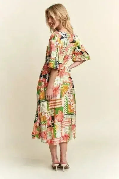 ADORA Floral V-Neck Puff Sleeve Midi Dress - Femstylo