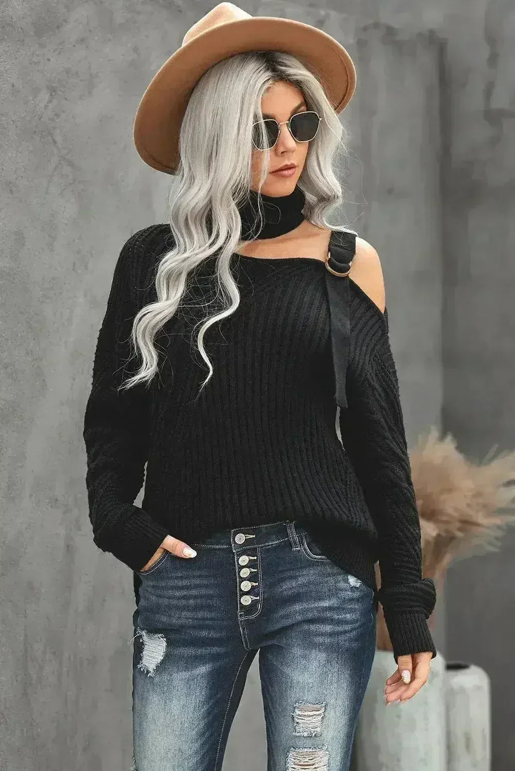 Winter Black Strapped Cut out Shoulder Turtleneck Sweater - Femstylo