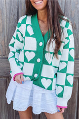 Sea Green Plaid Heart Knit V Neck Button Down Sweater Cardigan