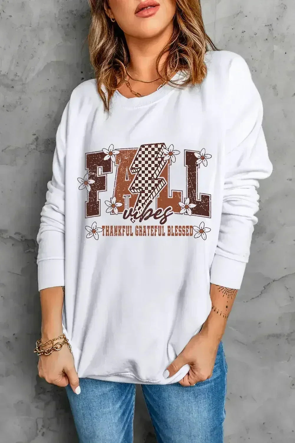 White FALL THANKFUL GRATEFUL BLESSED Graphic Drop Shoulder Sweatshirt - Femstylo