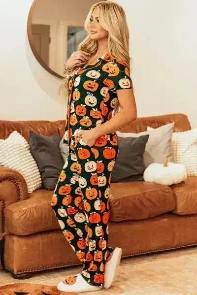 Pumpkin Printed Short Sleeve Top and Pants Lounge Set - Femstylo