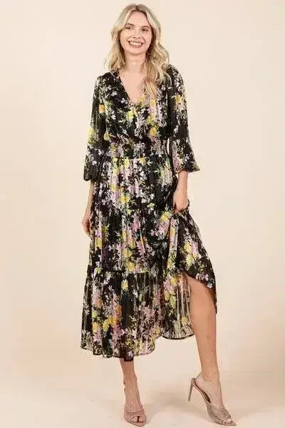 Mittoshop Flower Print Satin Lurex Stripe Smocked Midi Dress - Femstylo