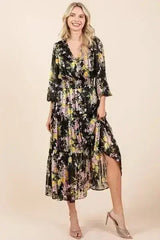 Mittoshop Flower Print Satin Lurex Stripe Smocked Midi Dress - Femstylo