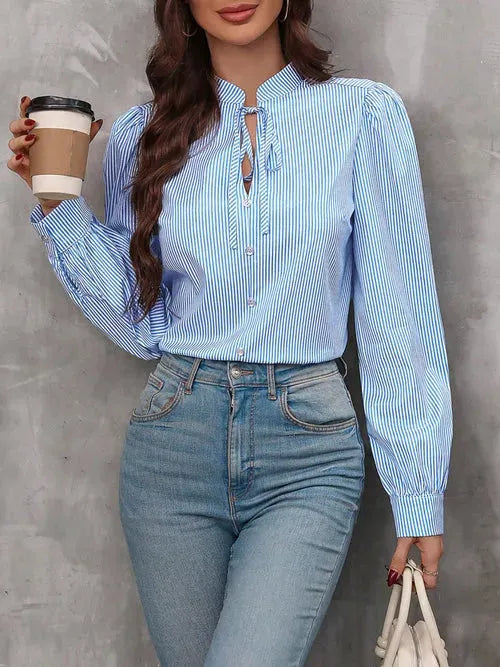 Striped Tie Neck Long Sleeve Blouse - Femstylo