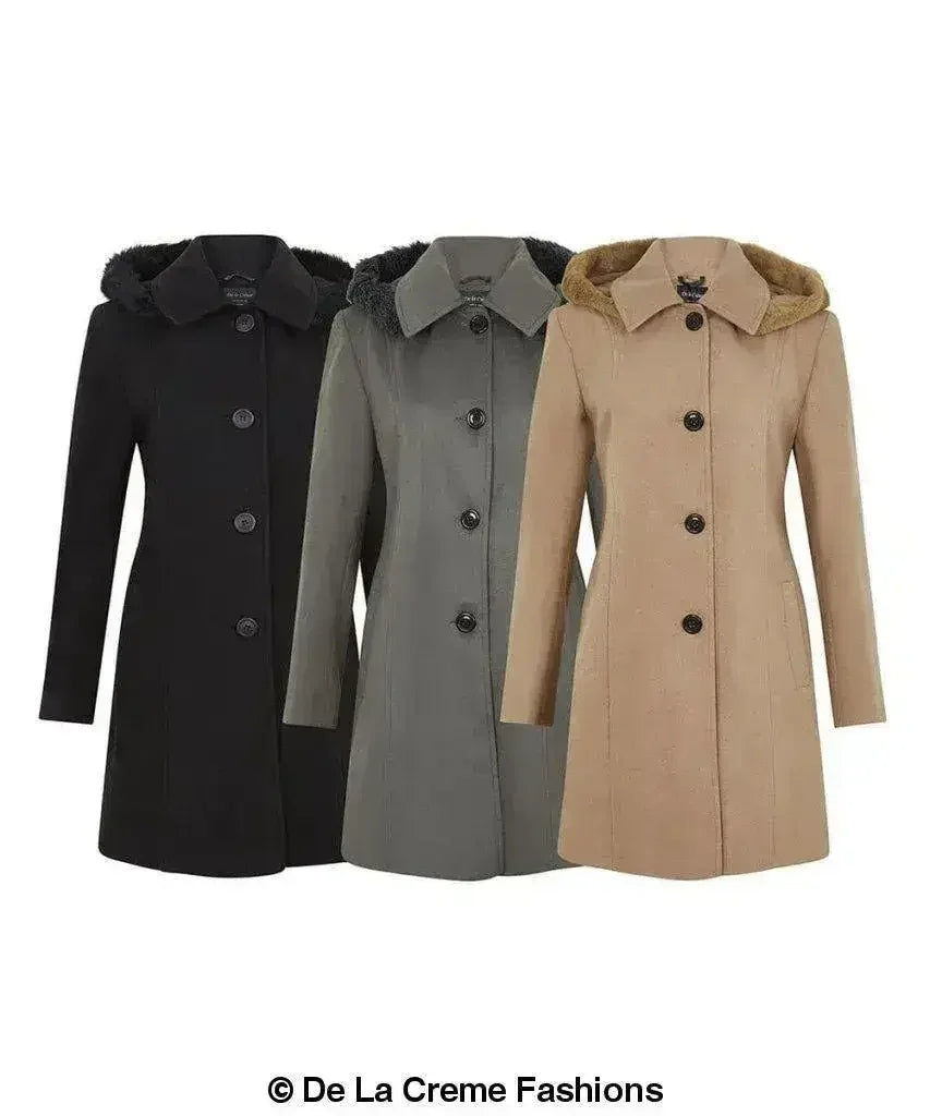 De La Creme - Women's Faux Fur Trim Hooded Coat - Femstylo