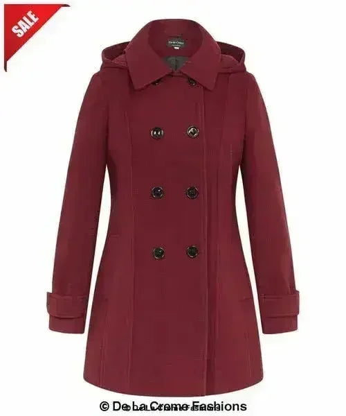 Womens Wool Feel Double Breasted Hooded Coat - Femstylo