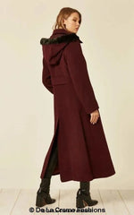 Wool Blend Faux Fur Trim Hooded Long Coat