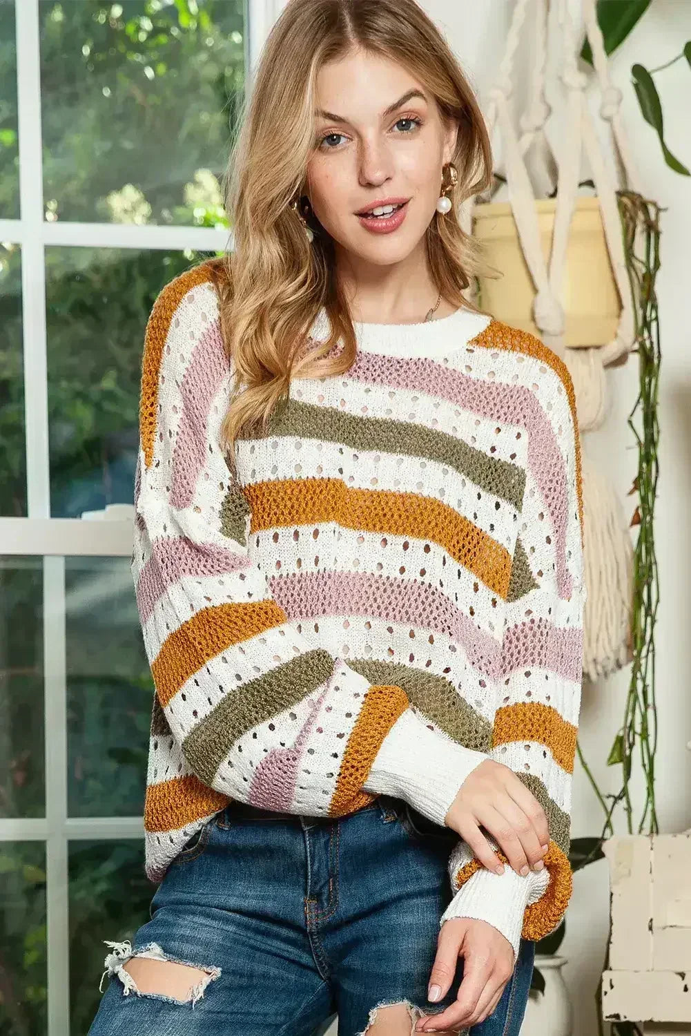 Multicolor Striped Hollowed Knitted Loose Sweater - Femstylo