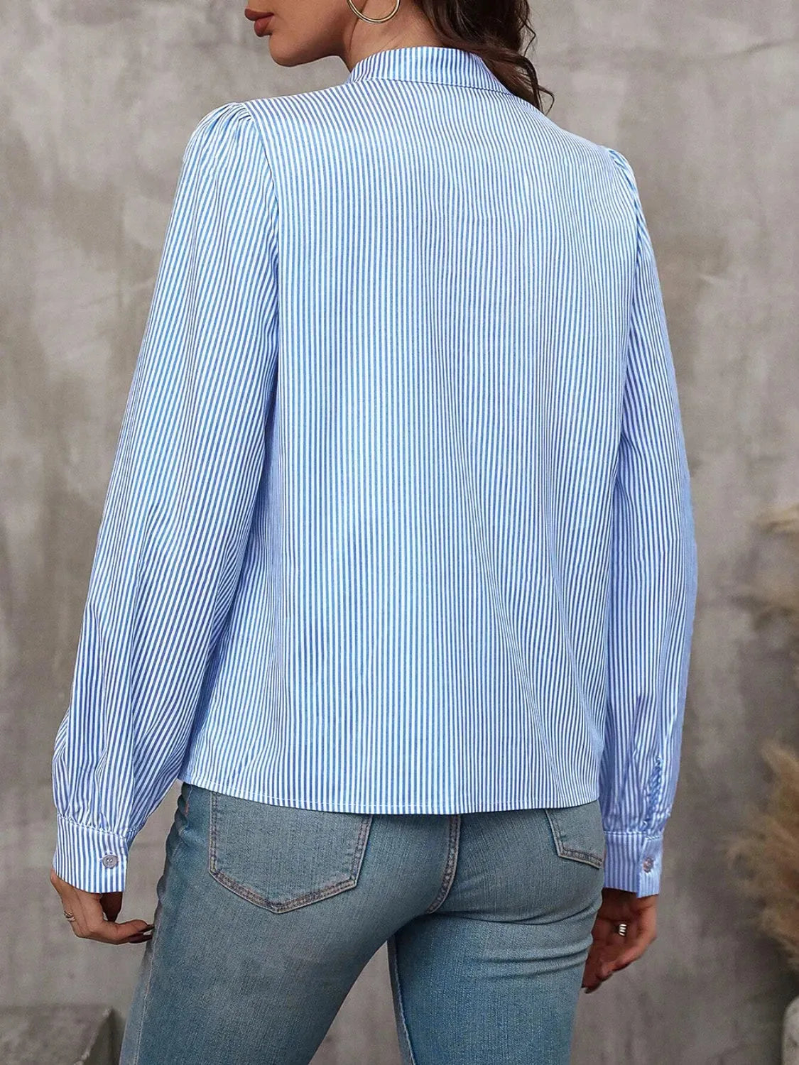 Striped Tie Neck Long Sleeve Blouse - Femstylo