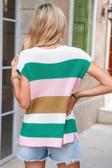 Multicolour Colorblock Notch V Neck Knit T Shirt