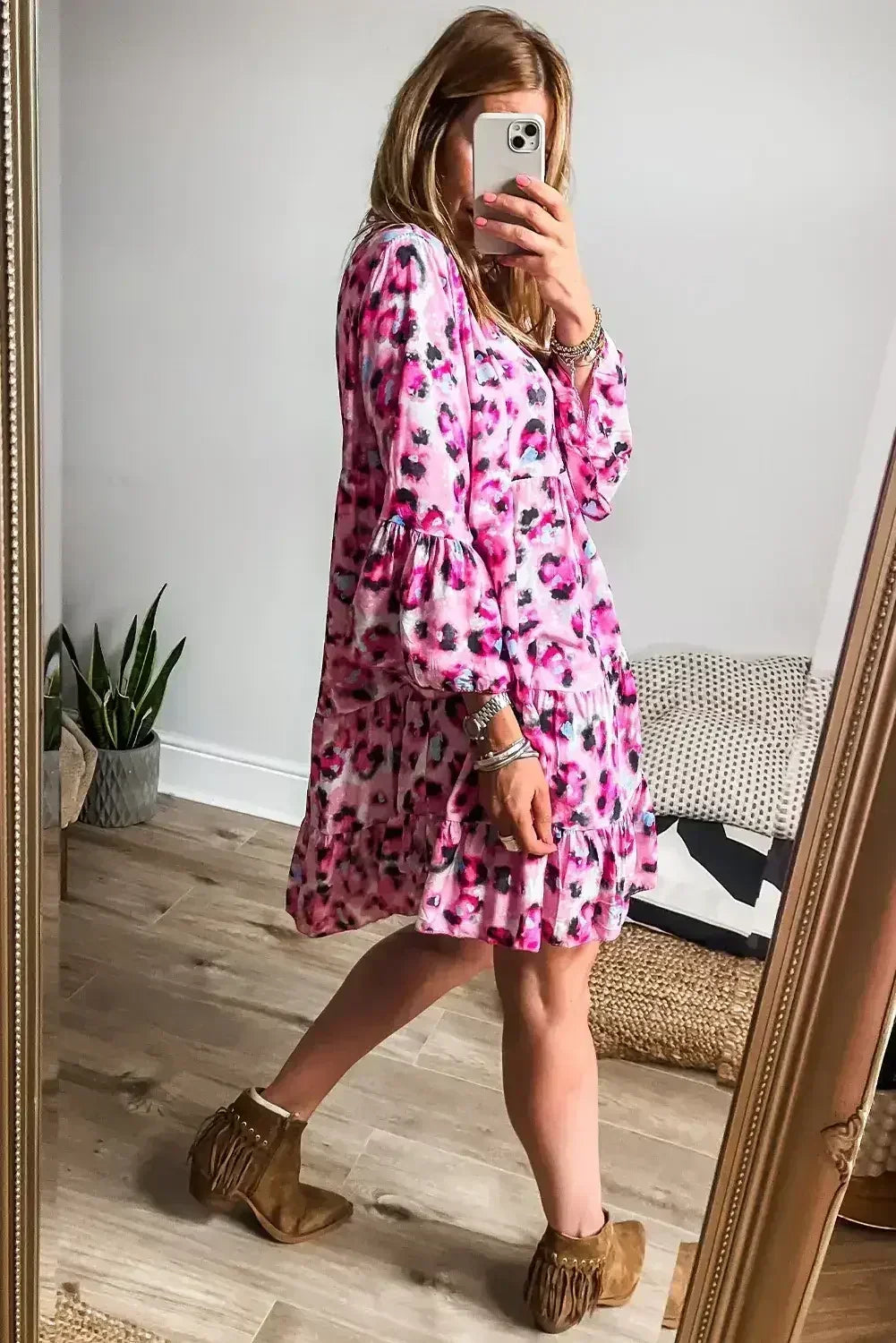 Black Leopard Button V Neck Flowy Mini Dress - Femstylo