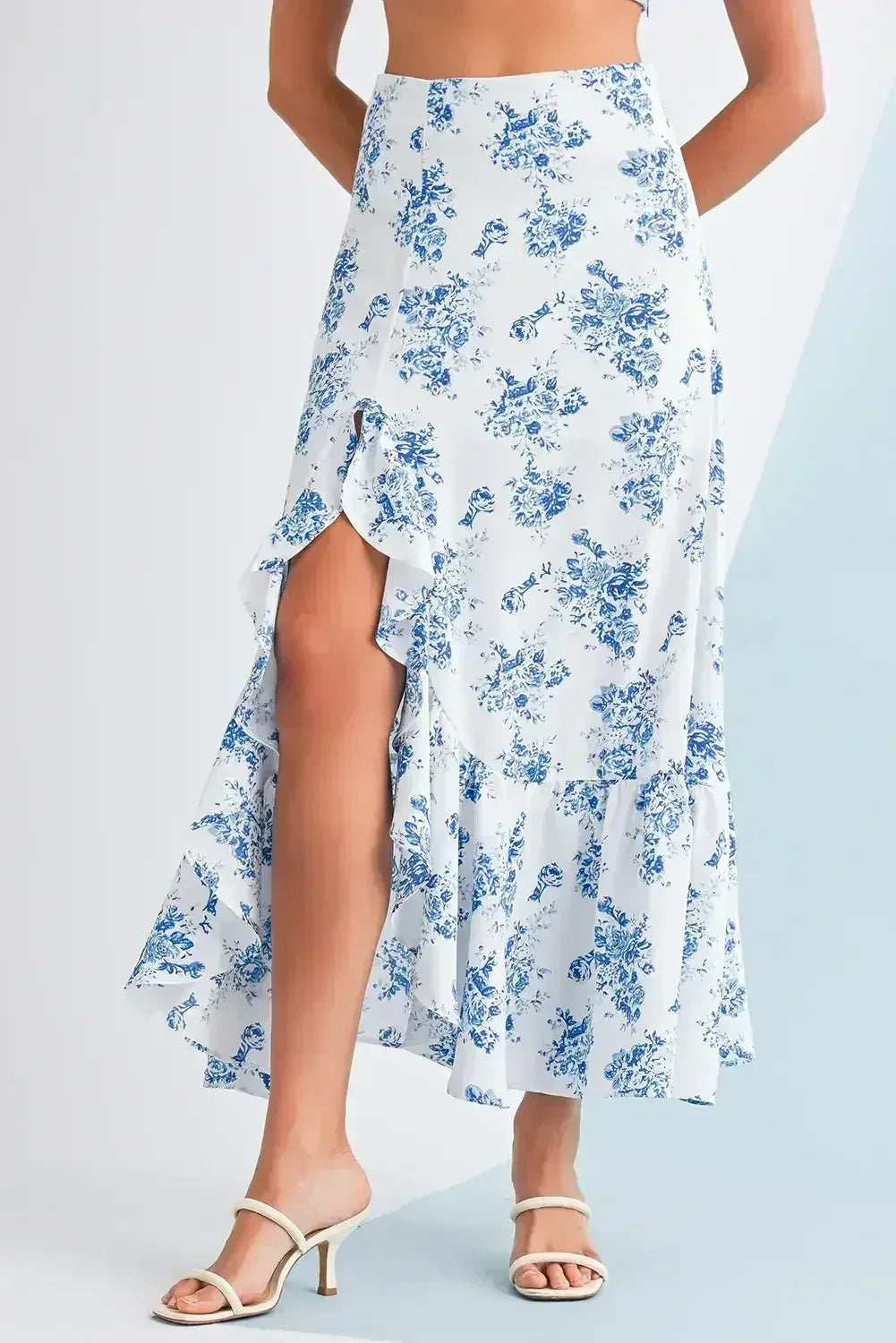 Sky Blue Boho Floral High Waist Ruffle Split Maxi Skirt - Femstylo