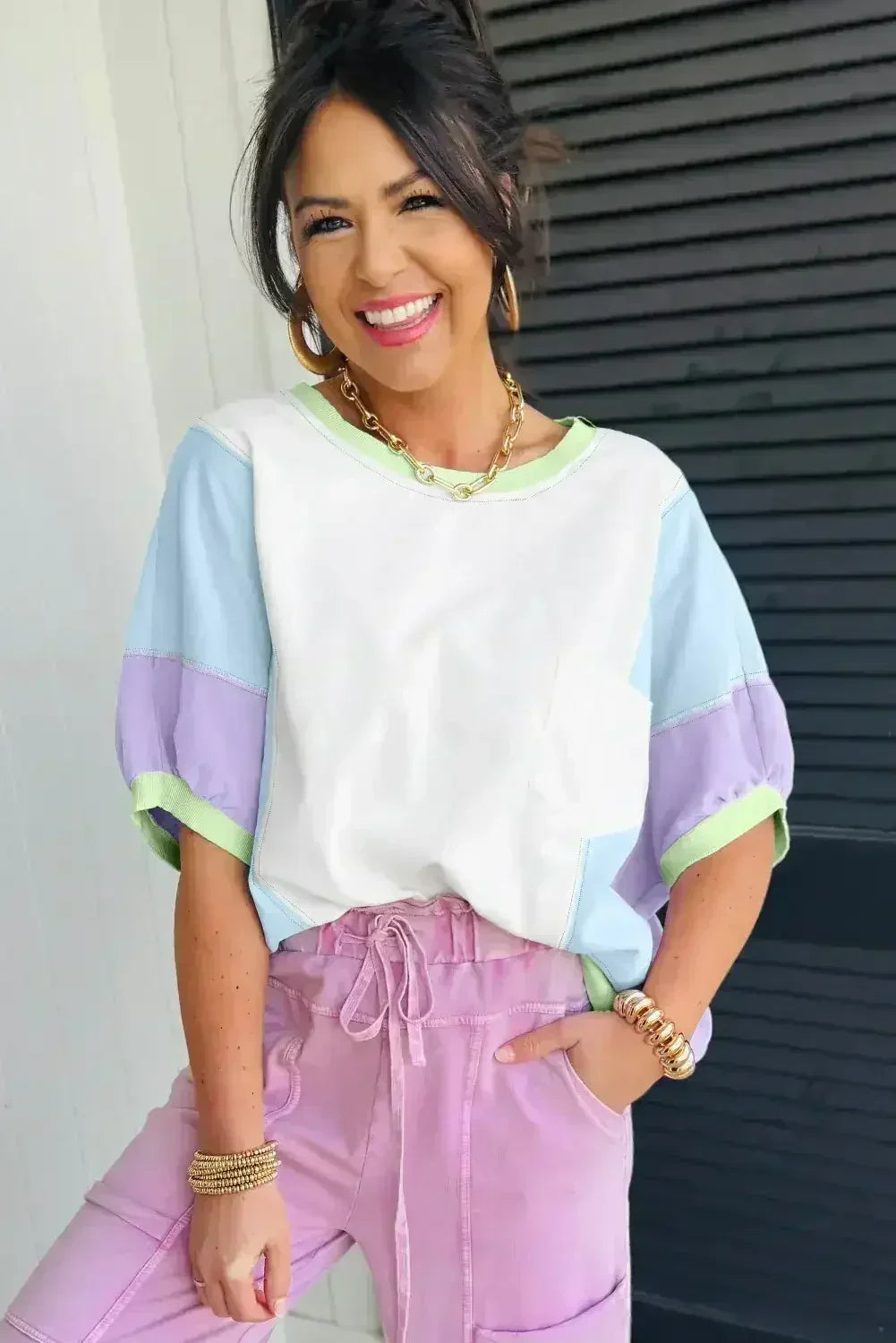 Purple Colorblock Patchwork Oversized T Shirt - Femstylo