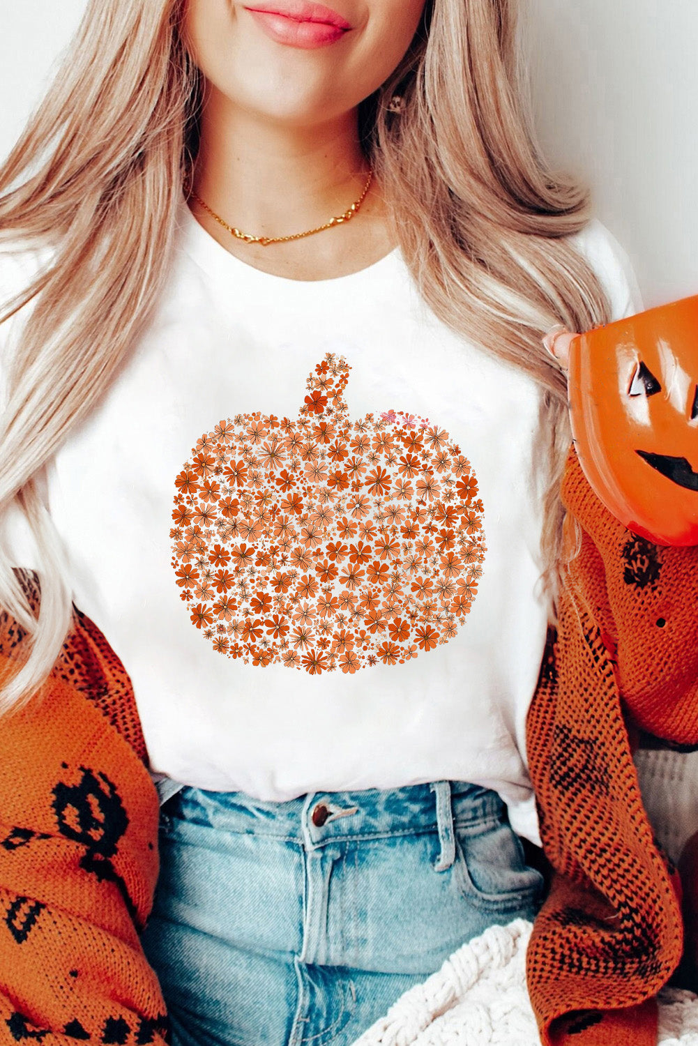 White Floral Pumpkin Custom Heat Transfer Printing Graphic Tee