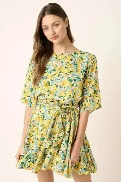 Mittoshop Floral Tie Waist Half Sleeve Mini Dress - Femstylo