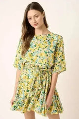 Mittoshop Floral Tie Waist Half Sleeve Mini Dress - Femstylo