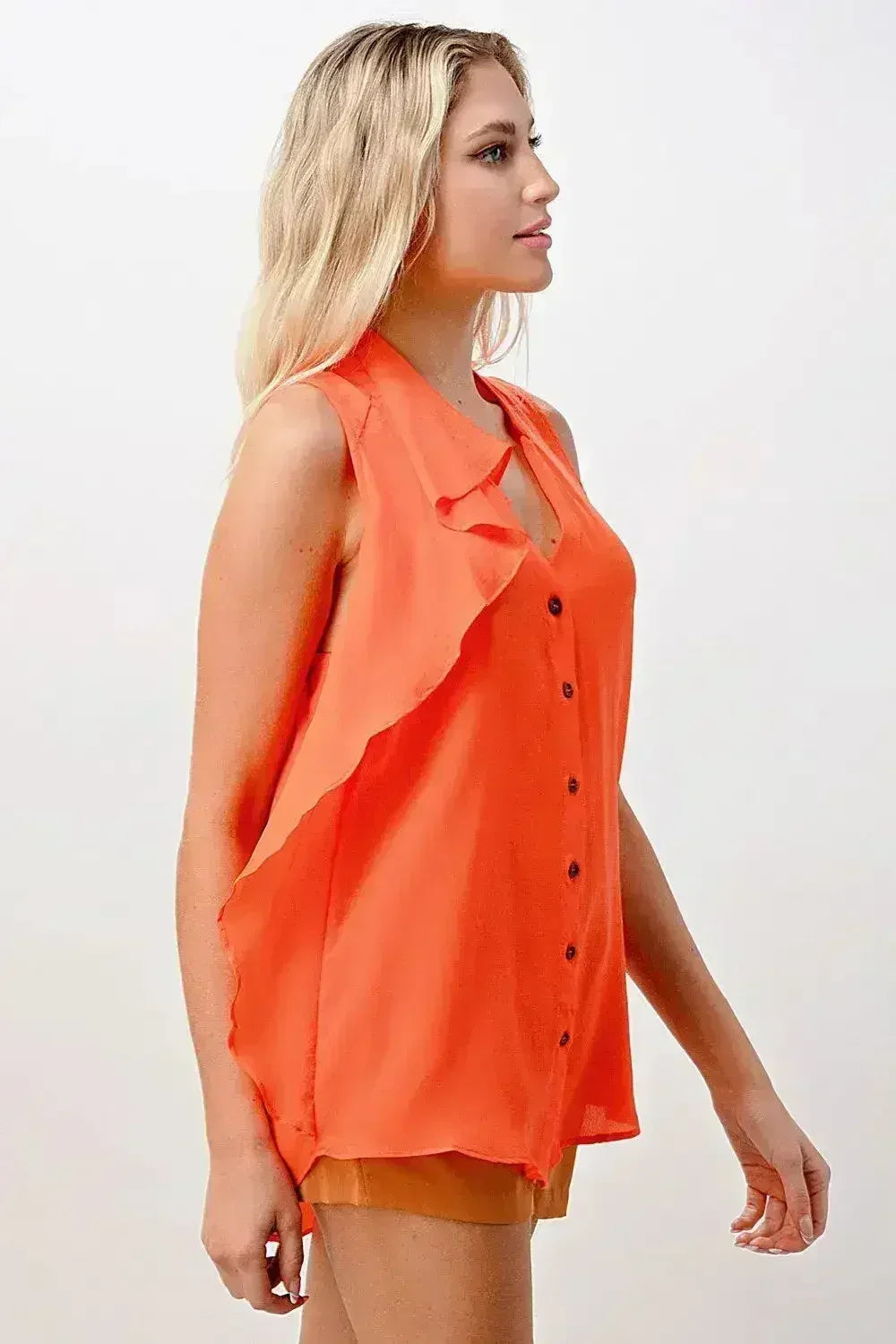 Sleeveless Button-Up Ruffle Blouse - Femstylo