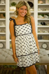 White Bow Contrast Trim Knotted Shoulder Mini Dress - Femstylo