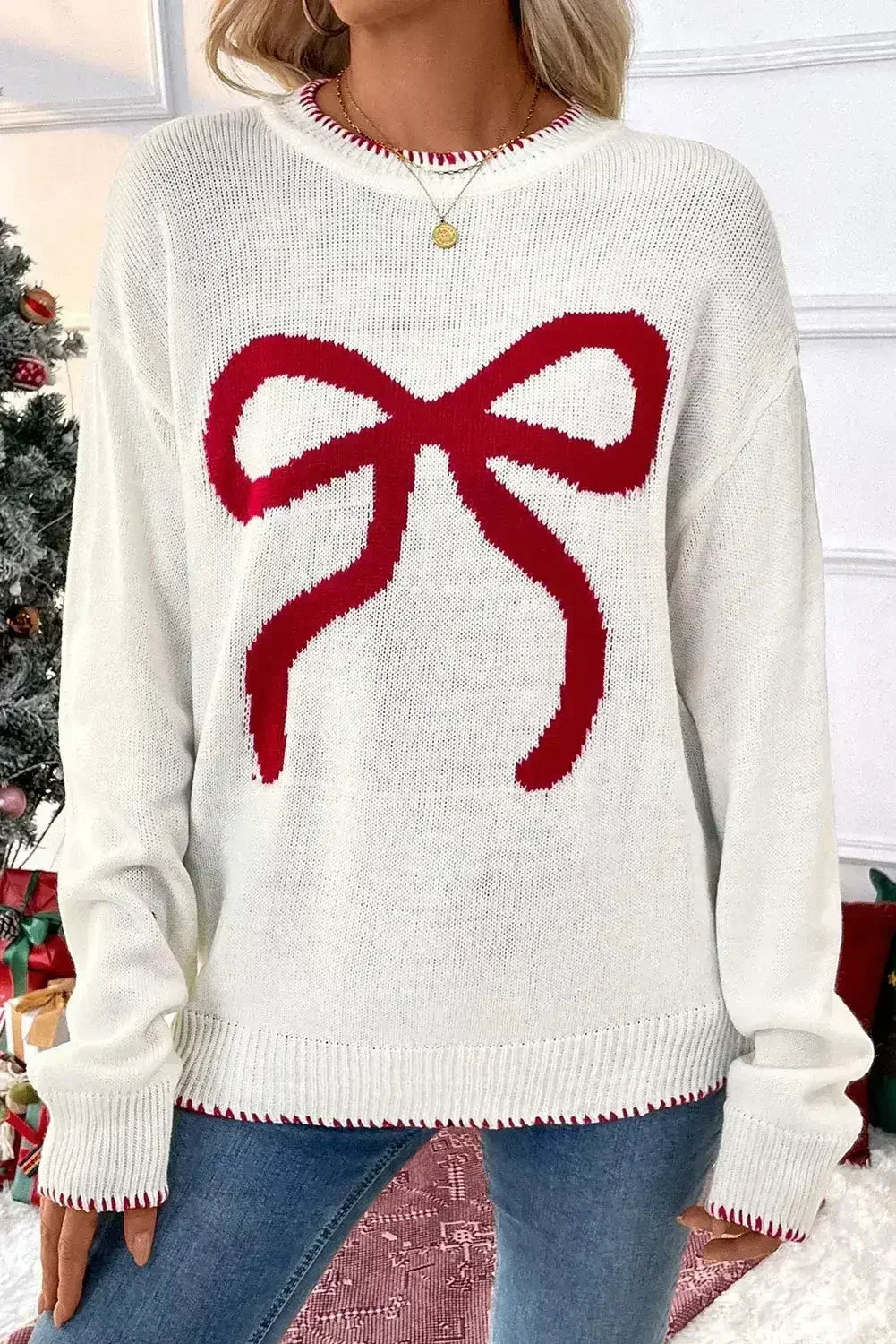 Pink Sweet Bow Drop Sleeve Round Neck Sweater - Femstylo