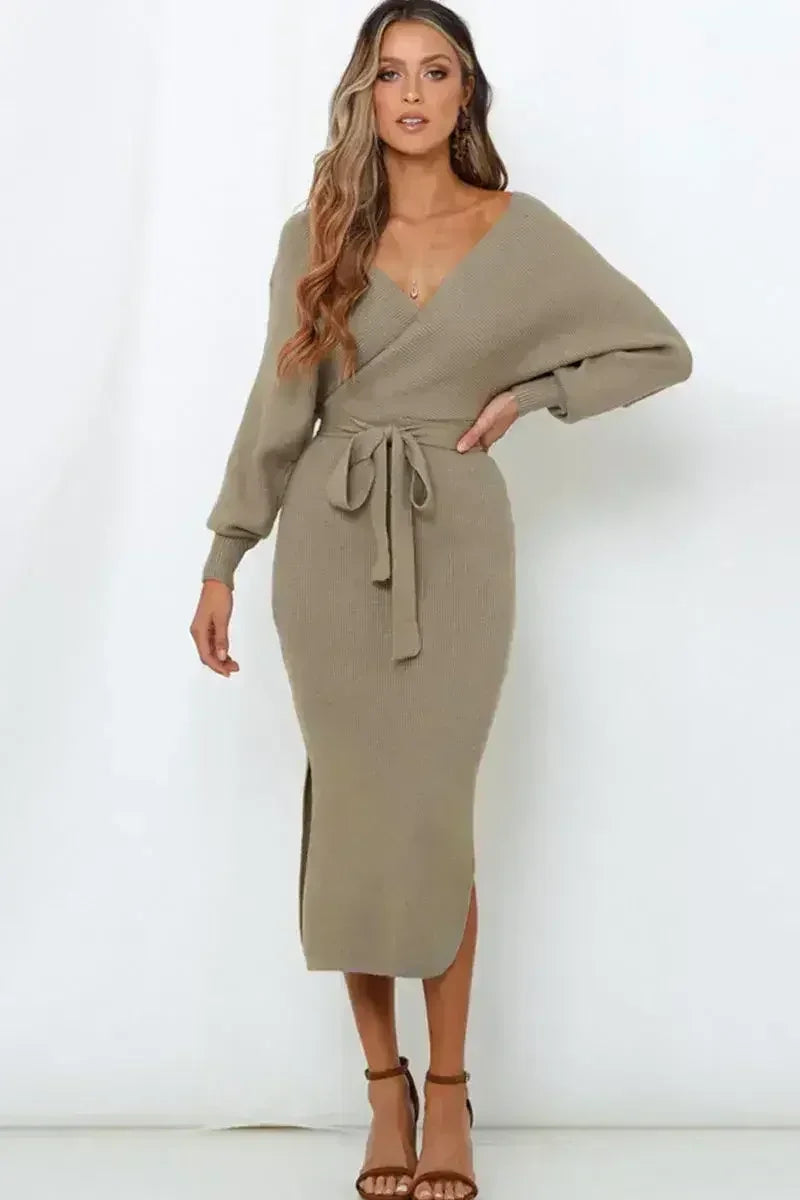 Surplice Neck Bow Waist Slit Sweater Dress - Femstylo
