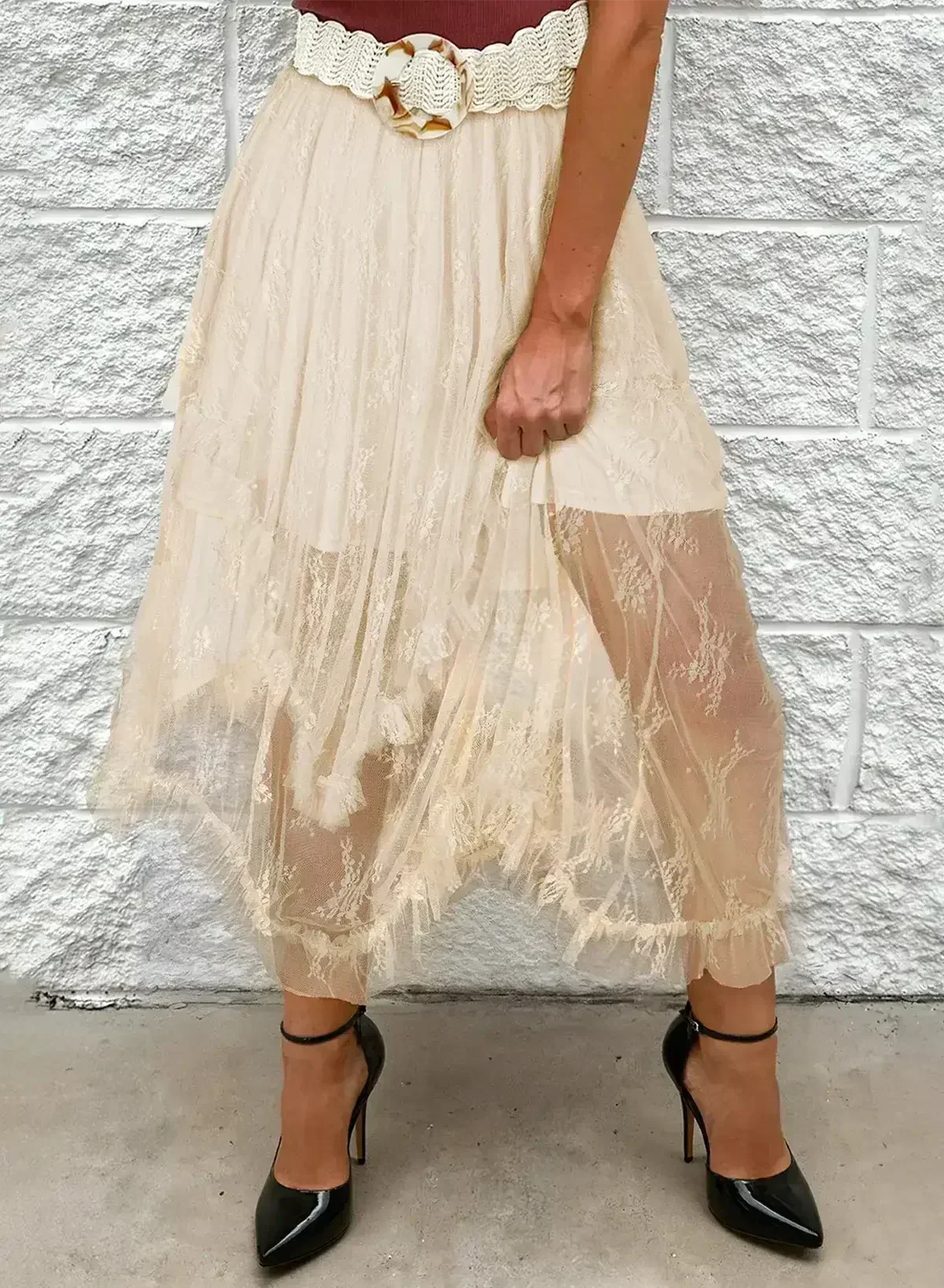 Beige Lace Cascading Tiered High Waist Maxi Skirt - Femstylo