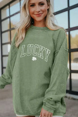 Grass Green LUCKY Clover Drop Shoulder Ribbed St Patrick Sweatshirt - Femstylo