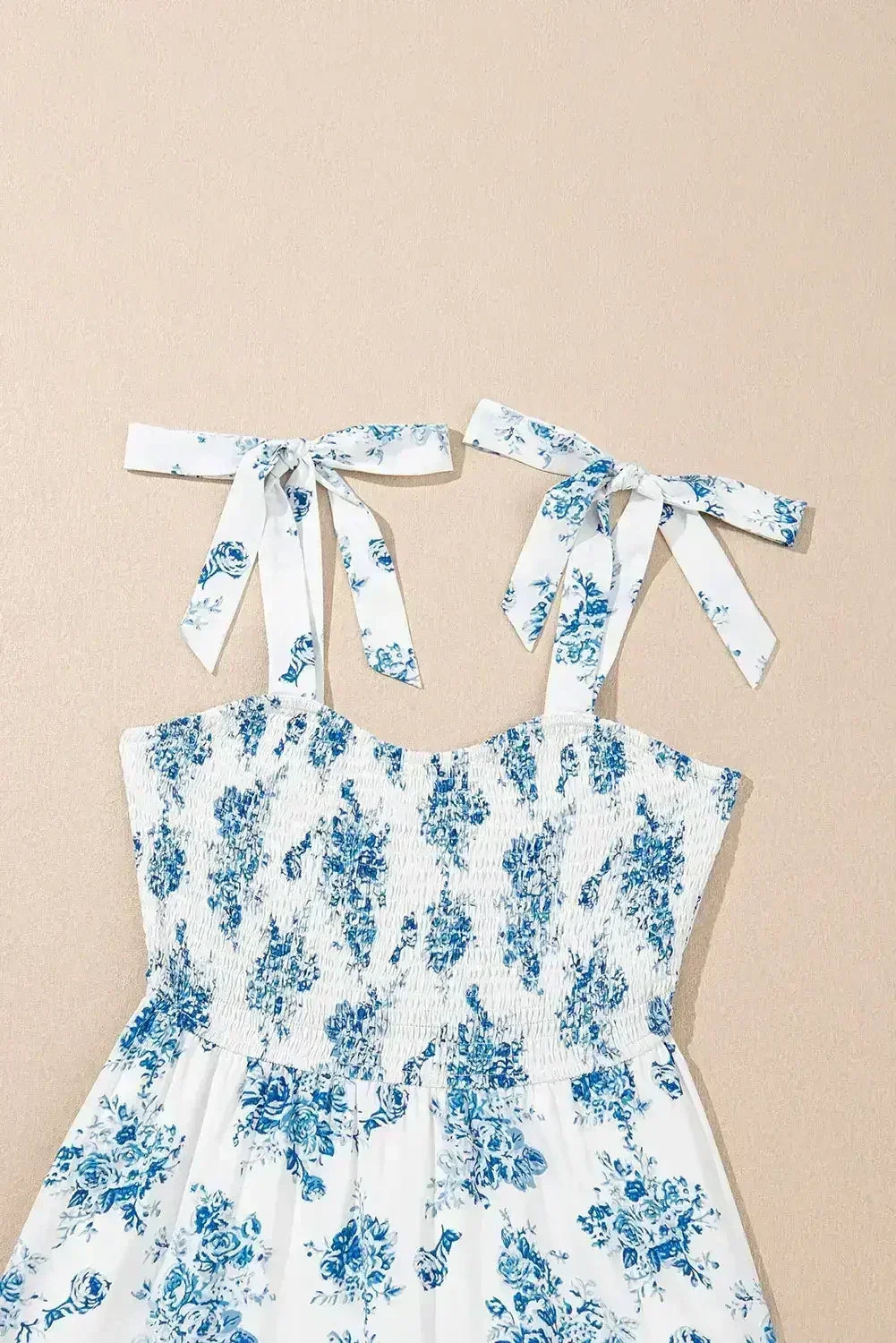 Sky Blue Floral Print Smocked Knot Shoulder Sleeveless Midi Dress - Femstylo