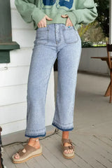 Beau Blue Acid Washed Contrast Hem Pocketed Cropped Jeans - Femstylo
