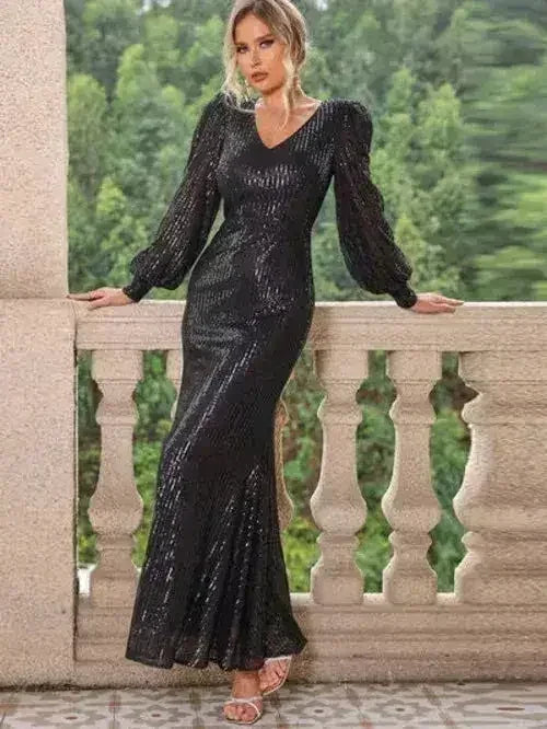 Sequin V-Neck Lantern Sleeve Maxi Dress - Femstylo