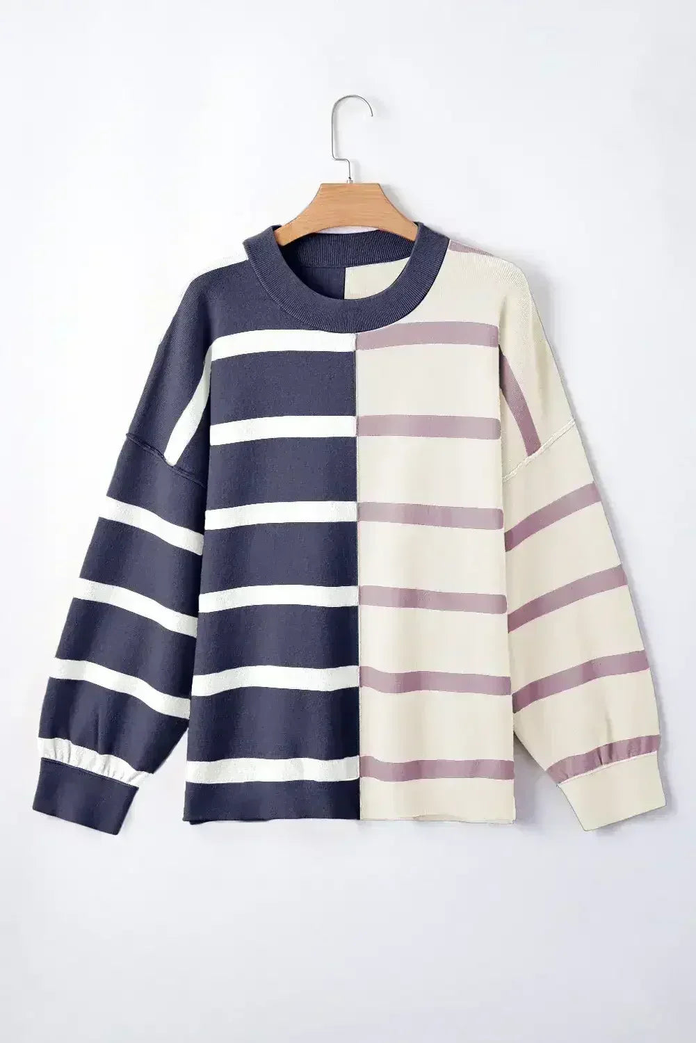 Pink Striped Patchwork Drop Shoulder Sweater - Femstylo