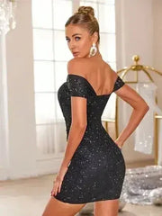 Glitter Ruched Off-Shoulder Mini Dress - Femstylo