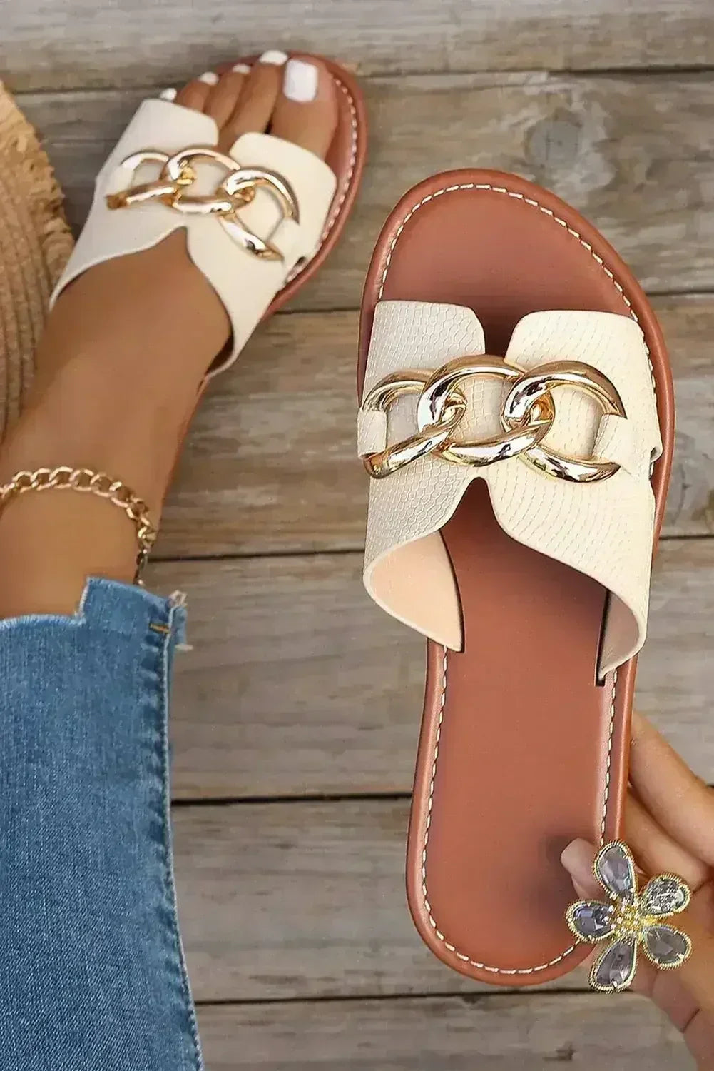 White Metal Buckle One Strap Flat Casual Slippers - Femstylo