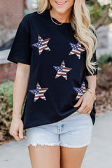 Black Sequined American Flag Star Graphic T Shirt