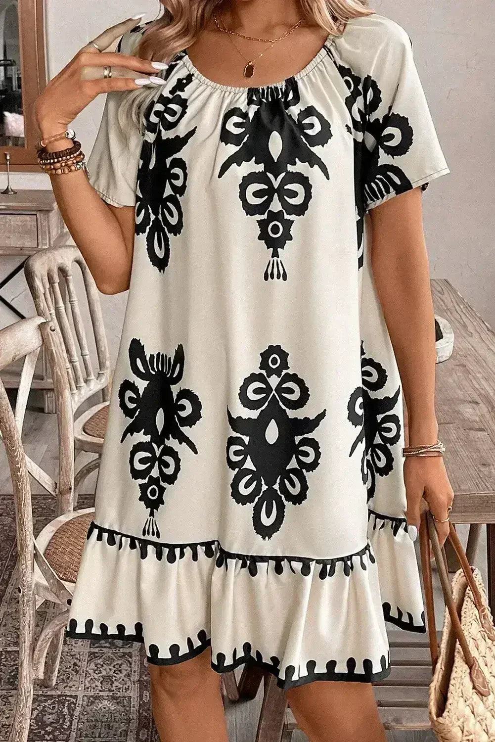 Apricot Ethnic Print Ruffle Hem Loose Mini Dress - Femstylo