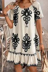 Apricot Ethnic Print Ruffle Hem Loose Mini Dress - Femstylo