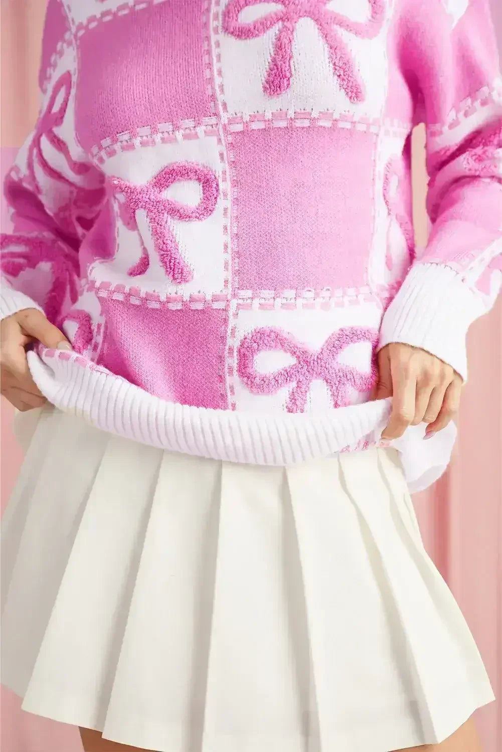 Pink Sweet Bow Two Tone Checkered Sweater - Femstylo