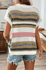 Pink Stripe Color Block Eyelet Knit Short Sleeve Sweater Tee - Femstylo