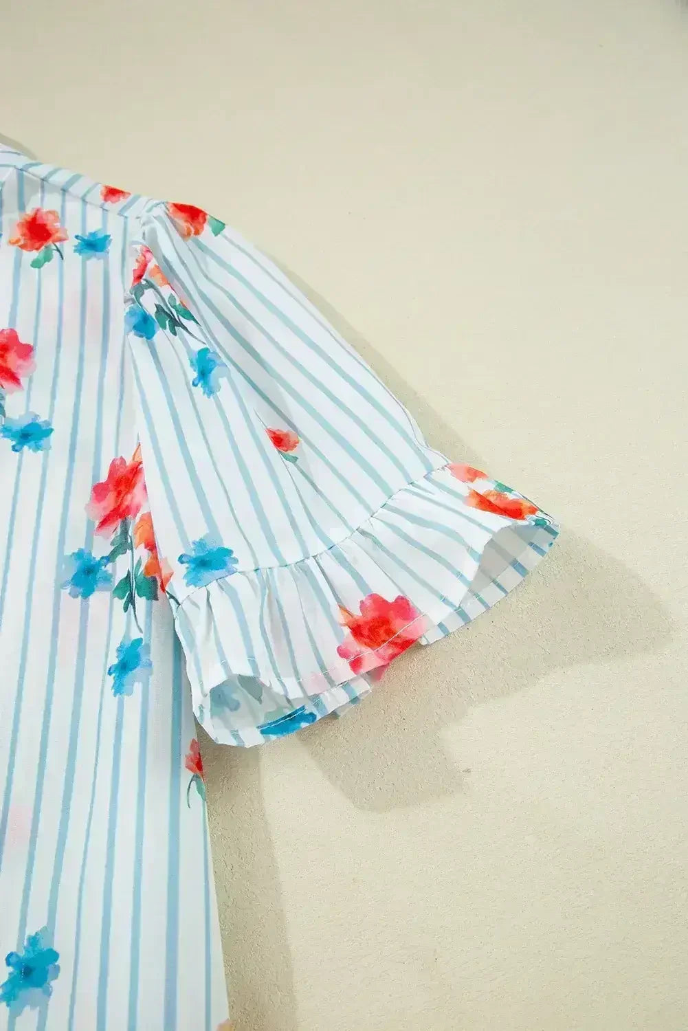 Sky Blue Striped Floral Print Ruffle Belted Mini Dress - Femstylo