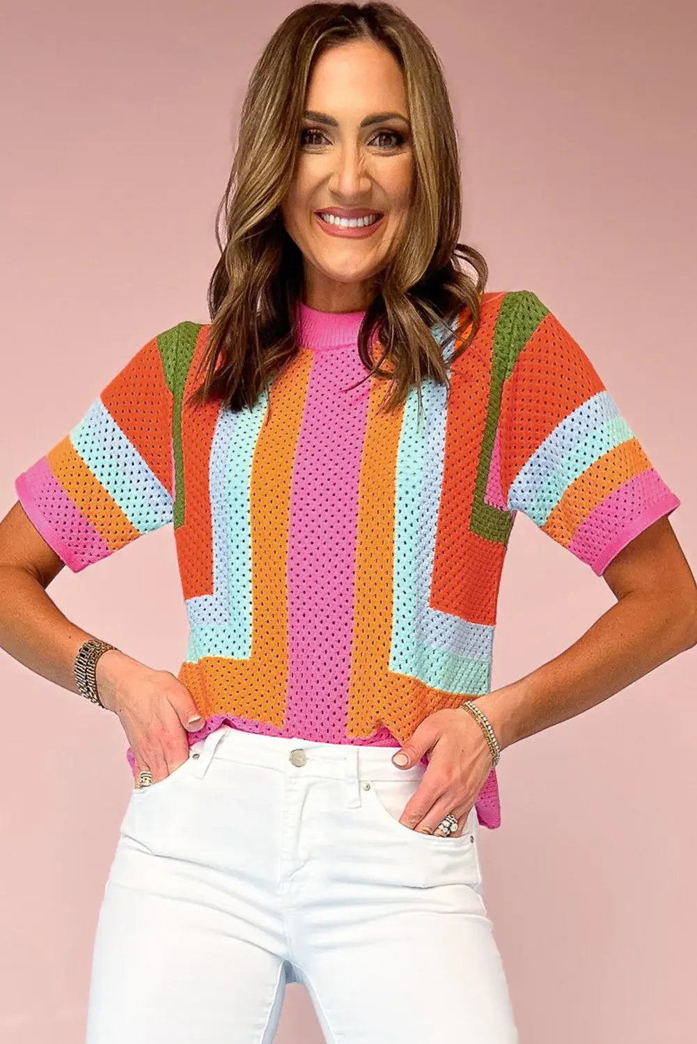 Orange Colorblock Eyelet Casual Knit T Shirt