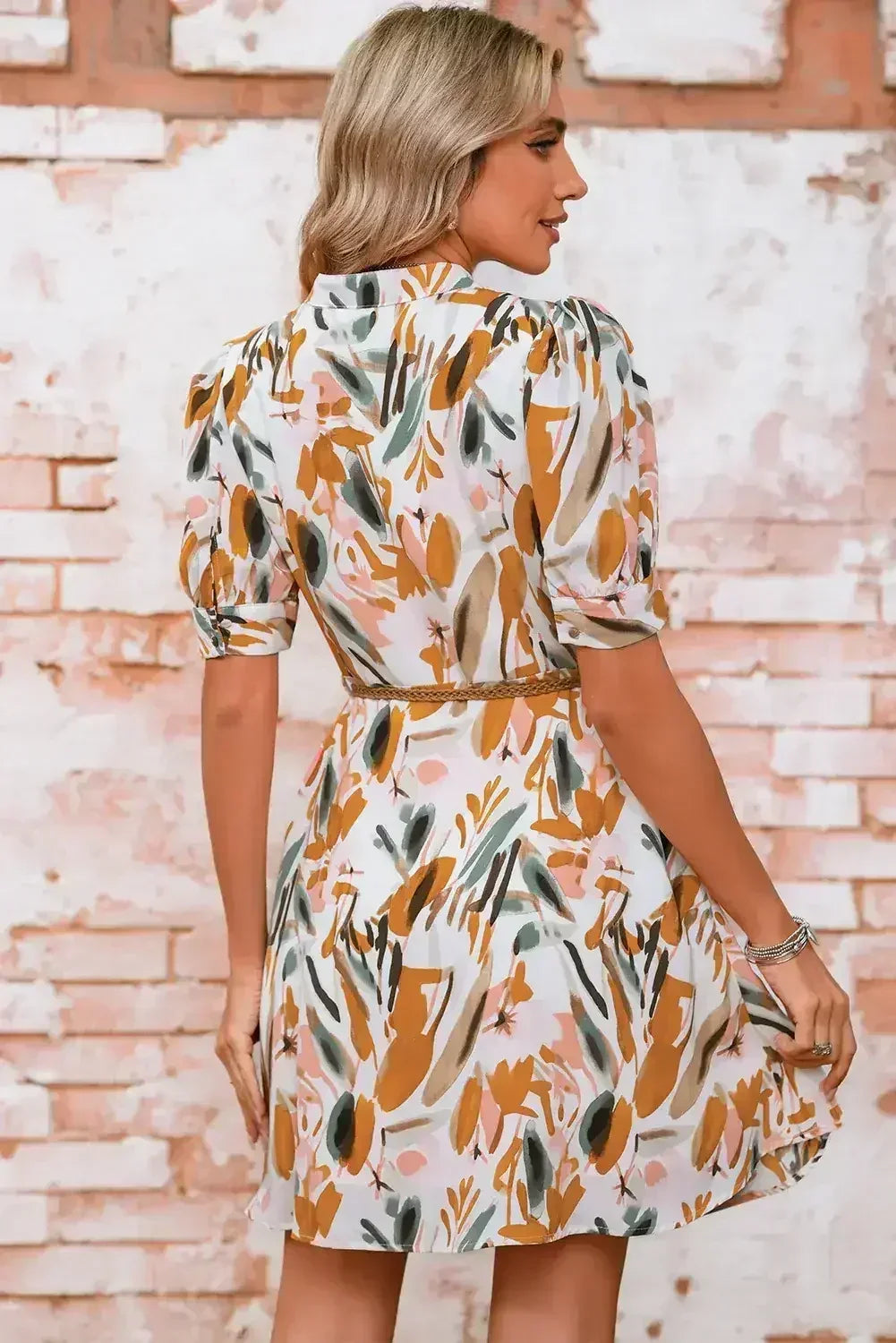 Brown Abstract Puff Sleeve Button Up Braided Belt Mini Dress - Femstylo