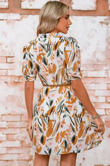 Brown Abstract Puff Sleeve Button Up Braided Belt Mini Dress - Femstylo