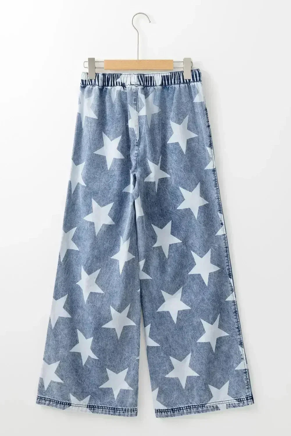 Light Blue Star Print Light Wash Drawstring High Waist Wide Leg Jeans - Femstylo